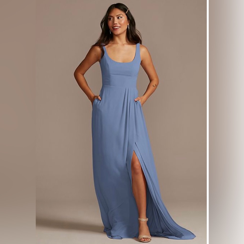 David’s Bridal Chiffon Scoop Neck Bridesmaid Dress in Steel Blue